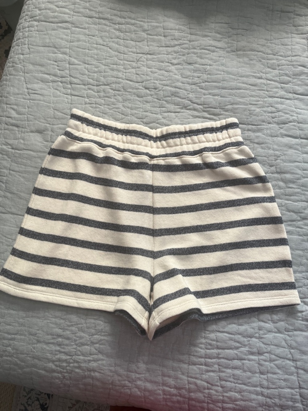 J. Crew French Terry Knit Striped Shorts in Cream and Navy Blue